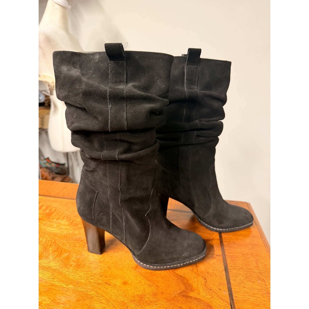 Via Spiga Womens 5.5 Black Suede Slouchy Block Heels Square Toe Boots Stitch